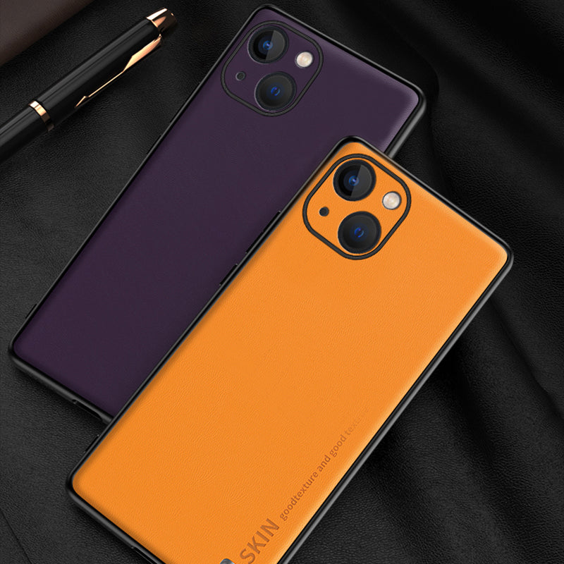 Phone Cover for iPhone 14 PU Leather Coated PC+TPU Shockproof Case with Metal Decor