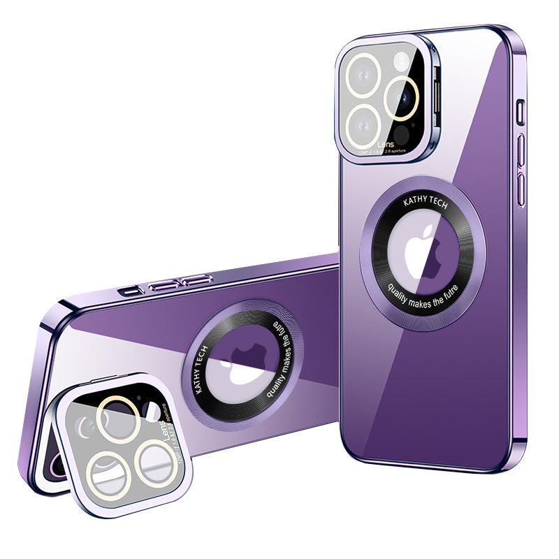 VOERO For iPhone 14 Pro Magnetic Phone Case Camera Lens Frame Kickstand Electroplating TPU Cover