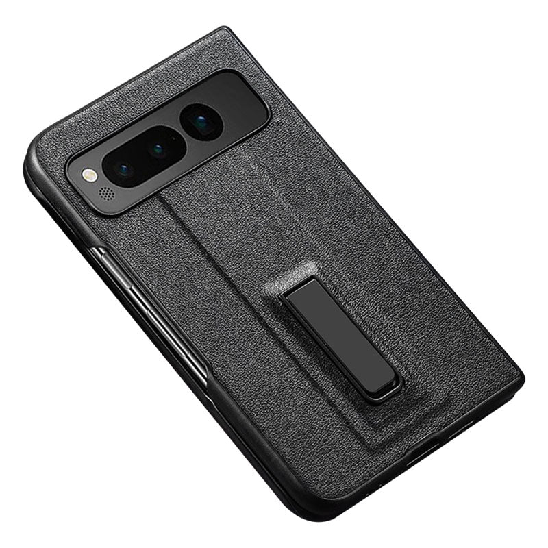 For Google Pixel Fold Metal Kickstand Folding Phone Case Leather Coated PC Phone Cover