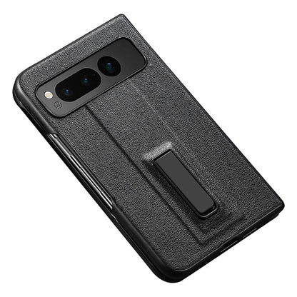 For Google Pixel Fold Metal Kickstand Folding Phone Case Leather Coated PC Phone Cover