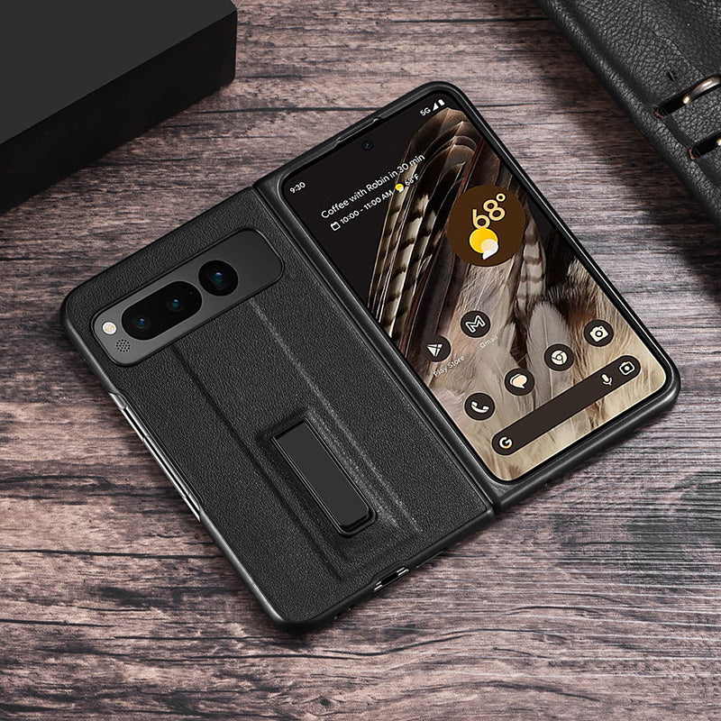 For Google Pixel Fold Metal Kickstand Folding Phone Case Leather Coated PC Phone Cover