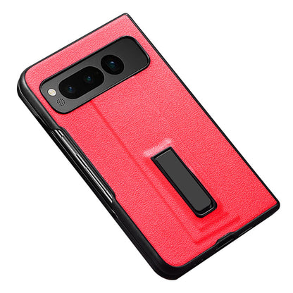 For Google Pixel Fold Metal Kickstand Folding Phone Case Leather Coated PC Phone Cover