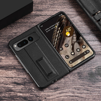 For Google Pixel Fold Metal Kickstand Folding Phone Case Leather Coated PC Phone Cover