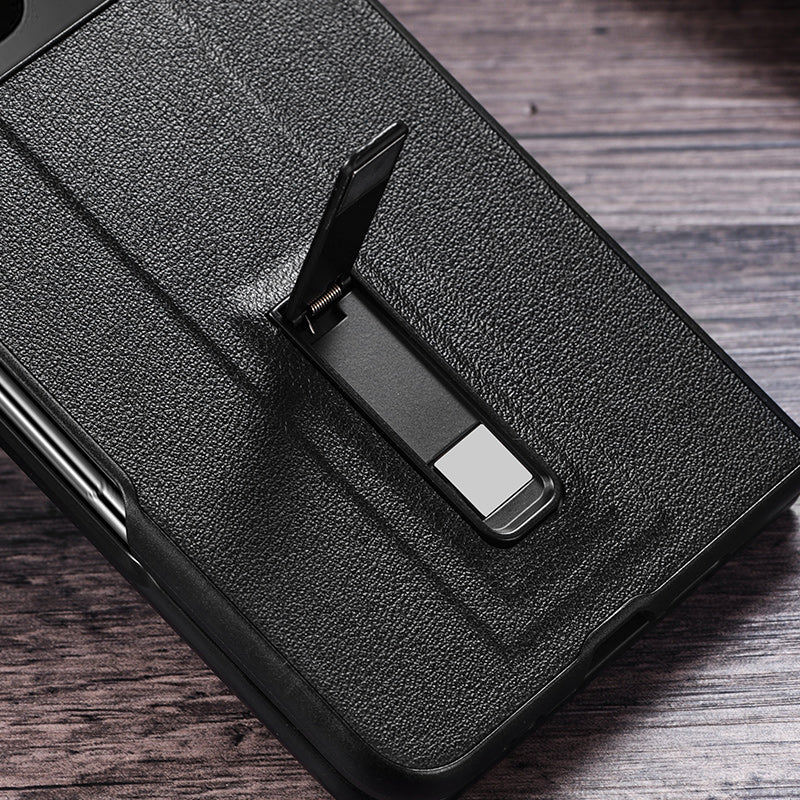 For Google Pixel Fold Metal Kickstand Folding Phone Case Leather Coated PC Phone Cover