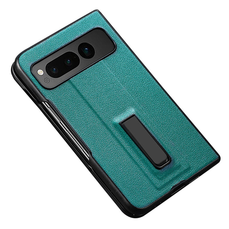 For Google Pixel Fold Metal Kickstand Folding Phone Case Leather Coated PC Phone Cover