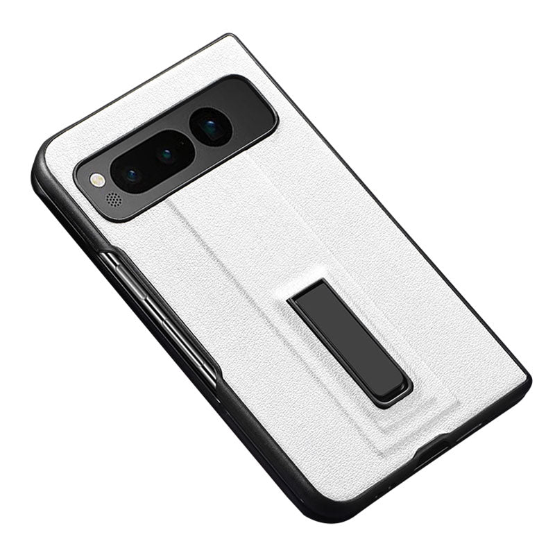 For Google Pixel Fold Metal Kickstand Folding Phone Case Leather Coated PC Phone Cover