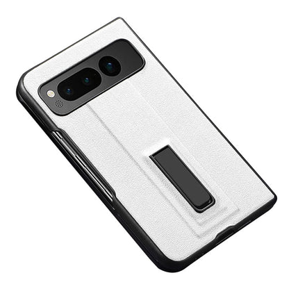 For Google Pixel Fold Metal Kickstand Folding Phone Case Leather Coated PC Phone Cover