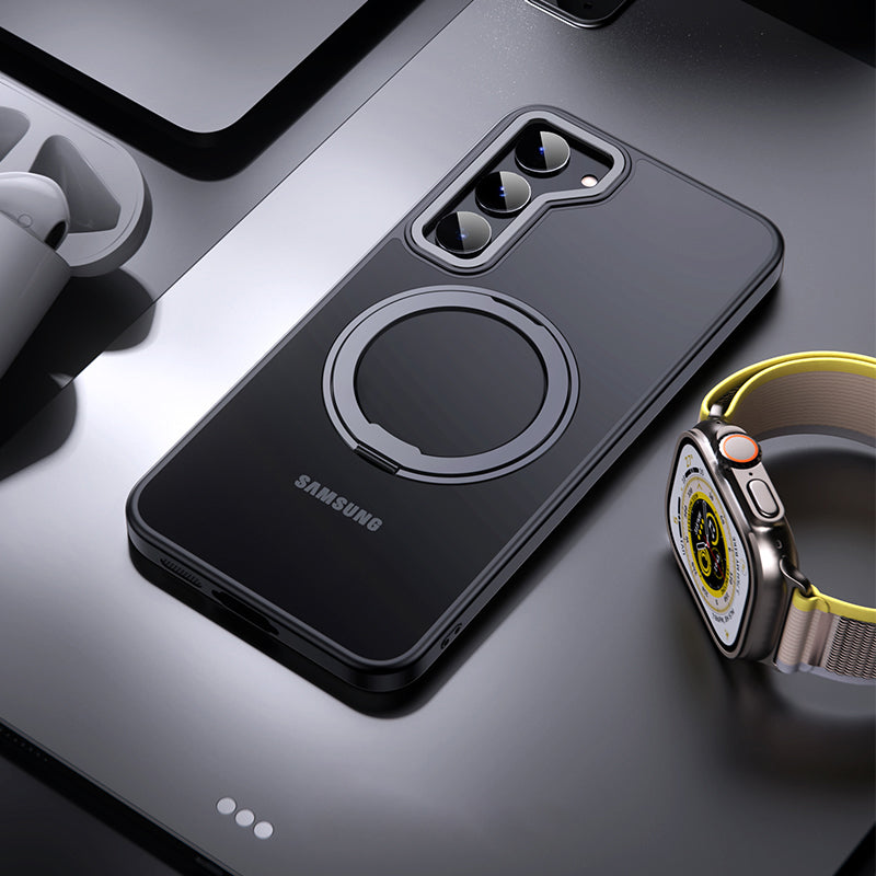 For Samsung Galaxy S23+ Ring Kickstand Magnetic Case Compatible with MagSafe, TPU+Acrylic+Zinc Alloy Matte Phone Cover