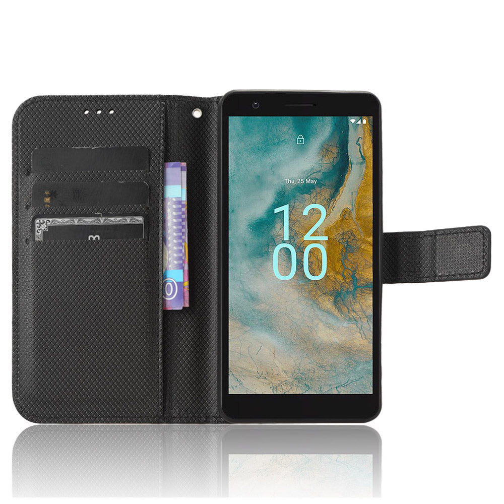 For Nokia C02 Diamond Texture PU Leather Shell Flip Stand Wallet Phone Case