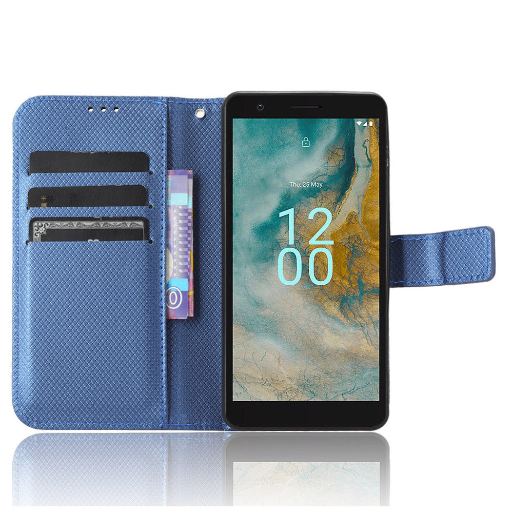For Nokia C02 Diamond Texture PU Leather Shell Flip Stand Wallet Phone Case