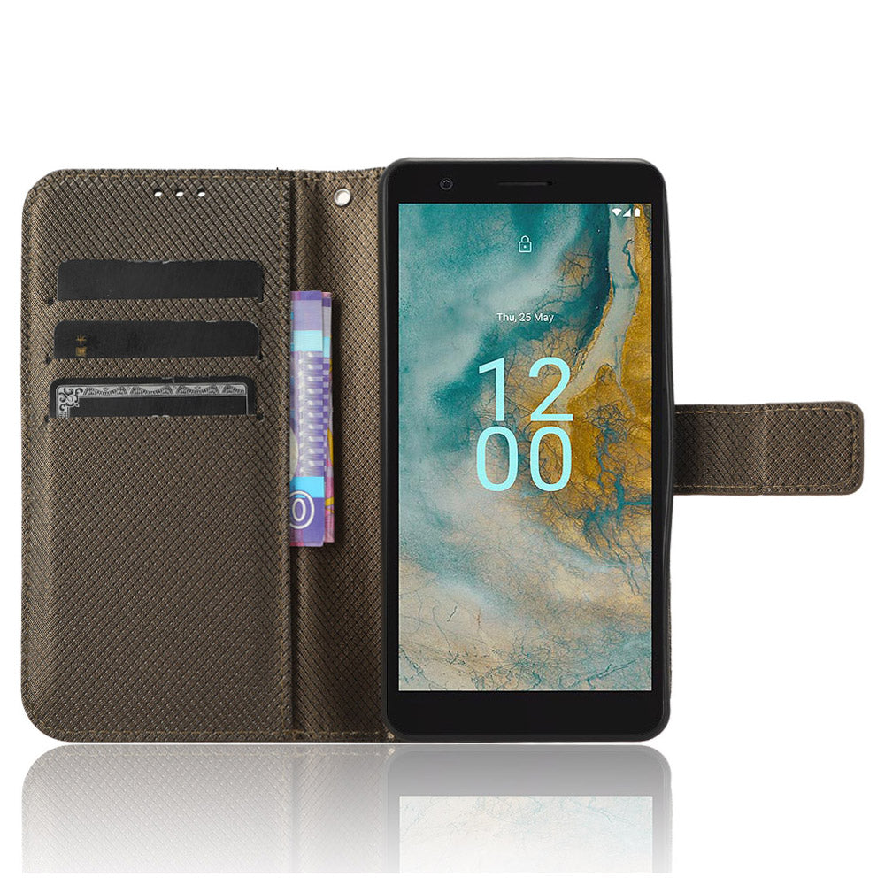 For Nokia C02 Diamond Texture PU Leather Shell Flip Stand Wallet Phone Case