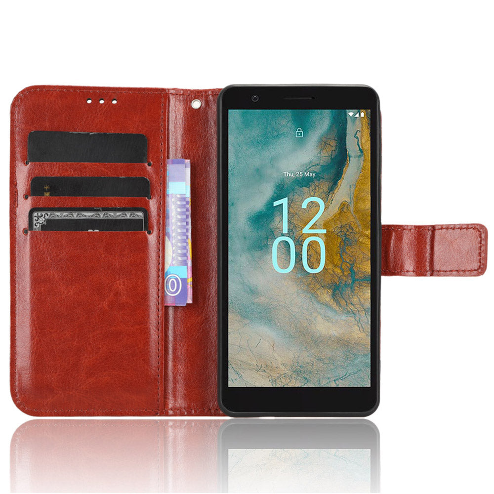 Wallet Case for Nokia C02 Crazy Horse Texture PU Leather Phone Cover with Stand