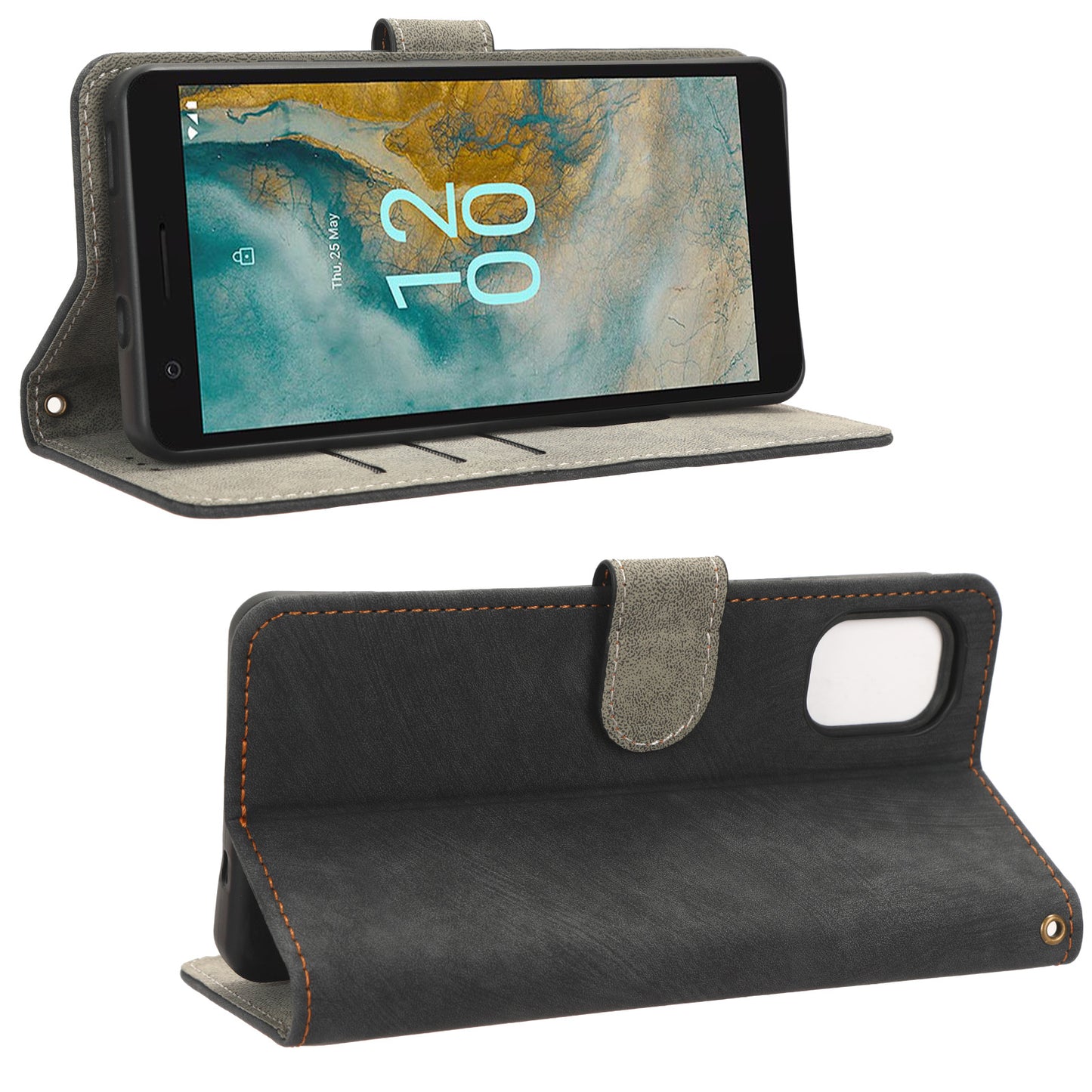 For Nokia C02 Anti-Scratch PU Leather Cover Stand Phone Case RFID Blocking Wallet with Strap