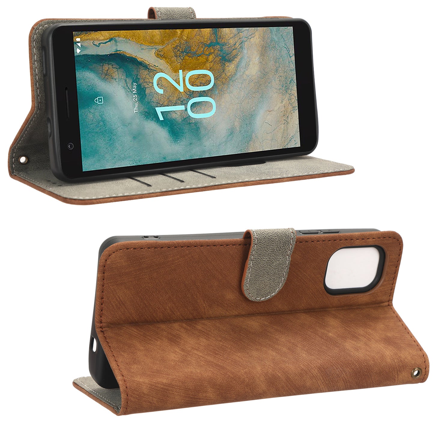 For Nokia C02 Anti-Scratch PU Leather Cover Stand Phone Case RFID Blocking Wallet with Strap
