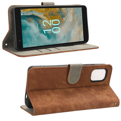 For Nokia C02 Anti-Scratch PU Leather Cover Stand Phone Case RFID Blocking Wallet with Strap