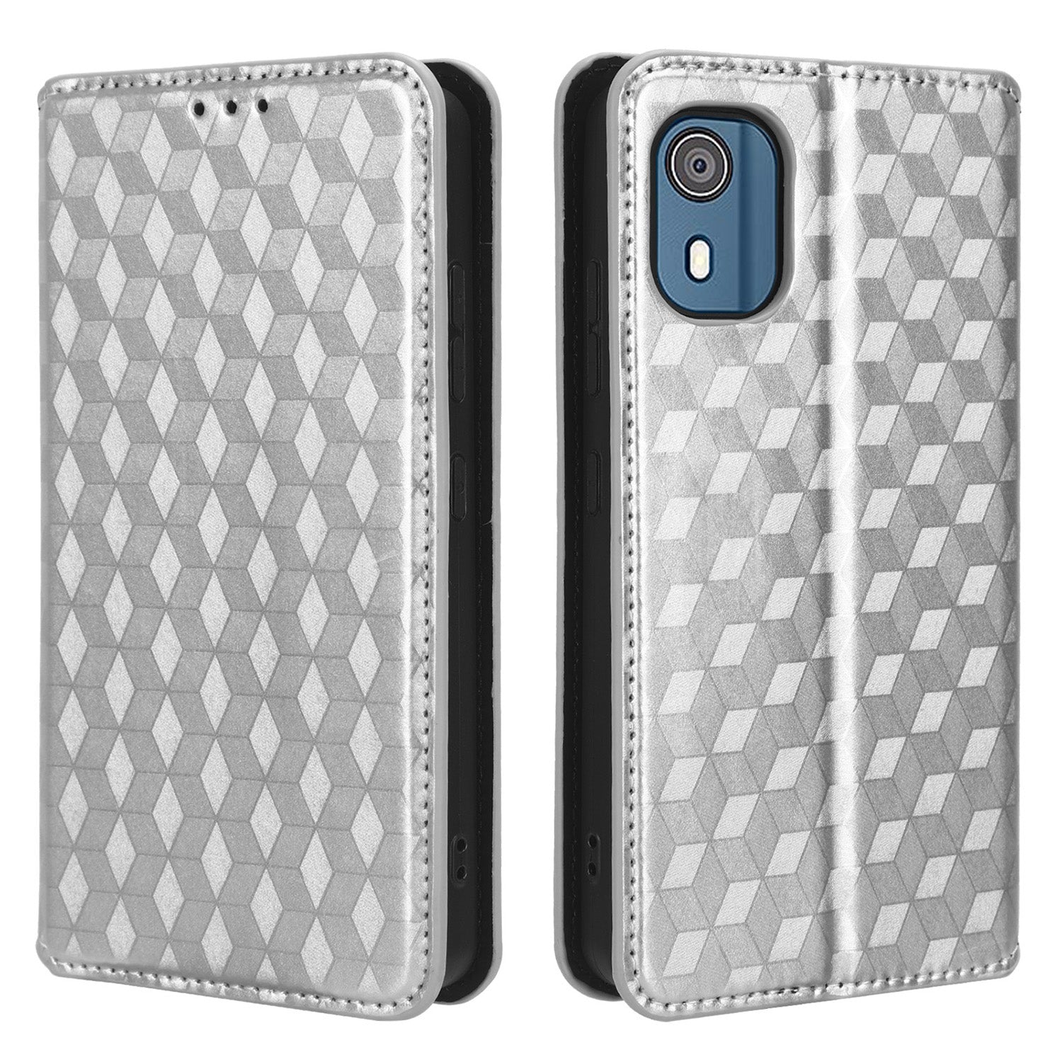 For Nokia C02 Phone Stand Shell Case Wallet PU Leather Rhombus Imprinted Anti-drop Phone Cover