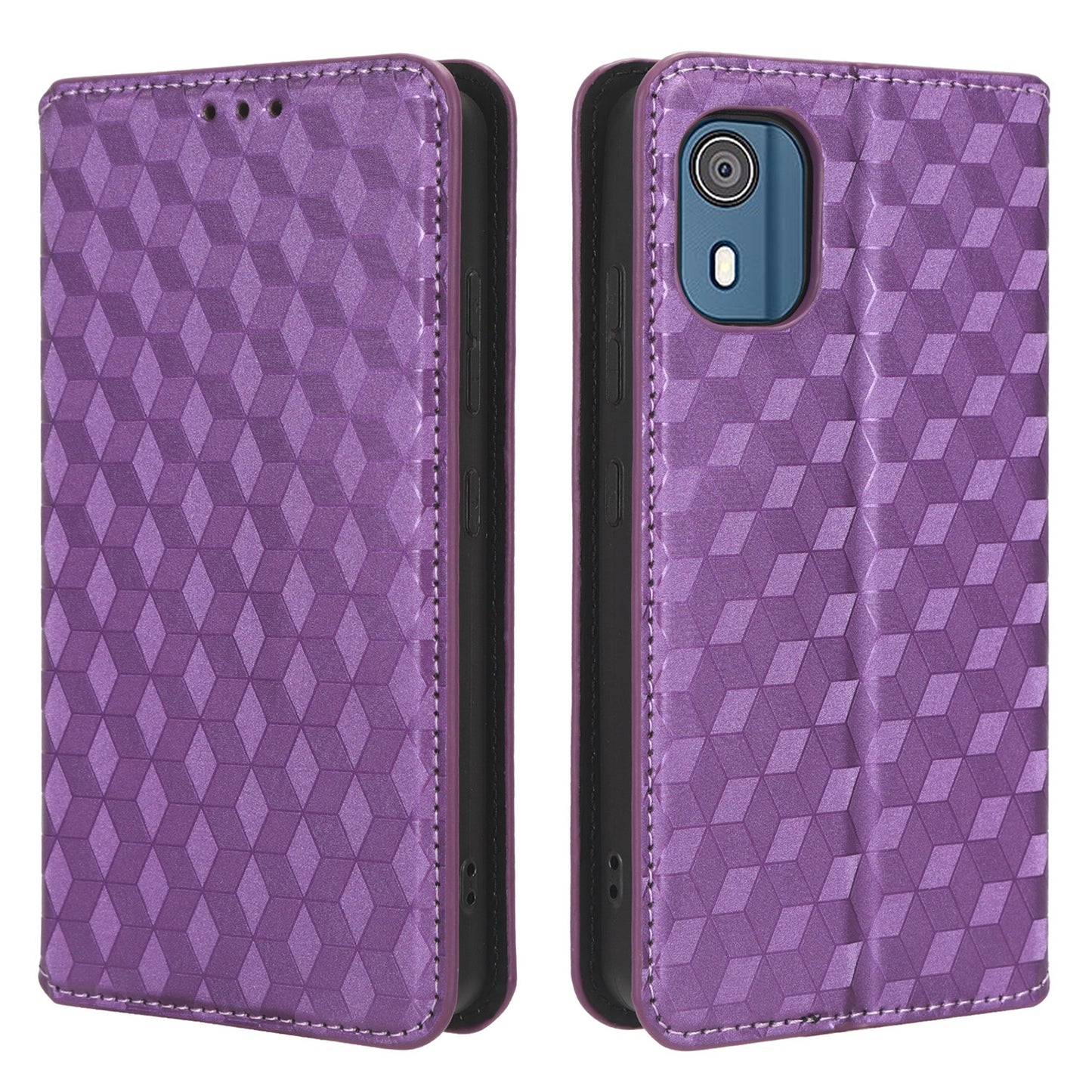 For Nokia C02 Phone Stand Shell Case Wallet PU Leather Rhombus Imprinted Anti-drop Phone Cover