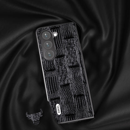 ABEEL For Samsung Galaxy Z Fold5 5G Mahjong Texture Phone Case Genuine Cow Leather Coated PC Shockproof Cover