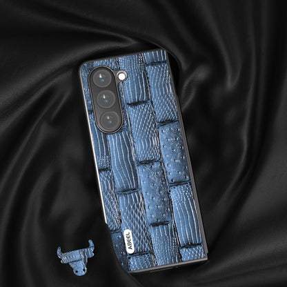 ABEEL For Samsung Galaxy Z Fold5 5G Mahjong Texture Phone Case Genuine Cow Leather Coated PC Shockproof Cover