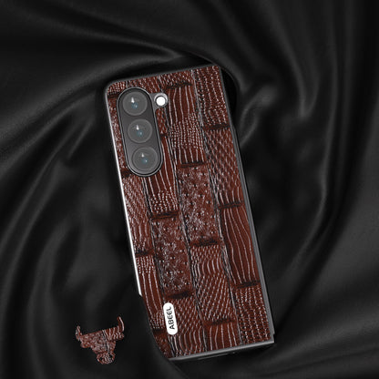 ABEEL For Samsung Galaxy Z Fold5 5G Mahjong Texture Phone Case Genuine Cow Leather Coated PC Shockproof Cover