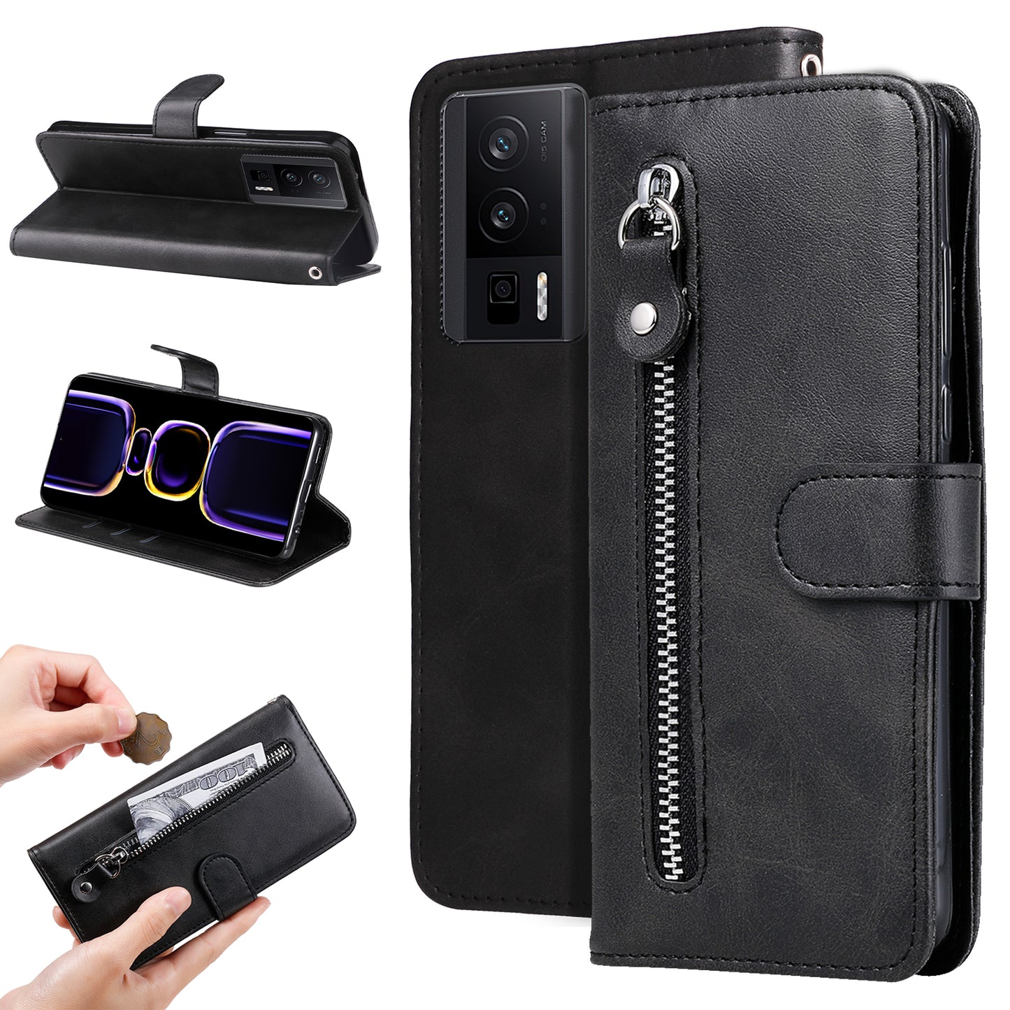 For Xiaomi Redmi K60 Pro 5G / K60 5G / Poco F5 Pro 5G Phone Case Stand Shell Calf Texture Zipper Pocket Wallet Cover