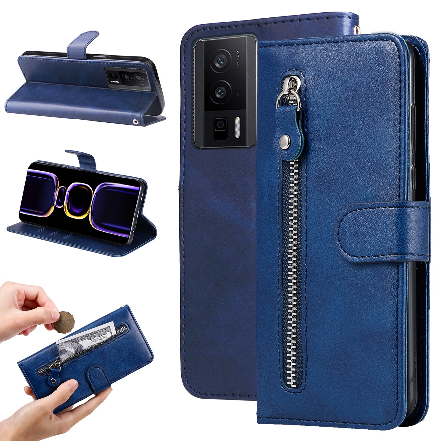 For Xiaomi Redmi K60 Pro 5G / K60 5G / Poco F5 Pro 5G Phone Case Stand Shell Calf Texture Zipper Pocket Wallet Cover