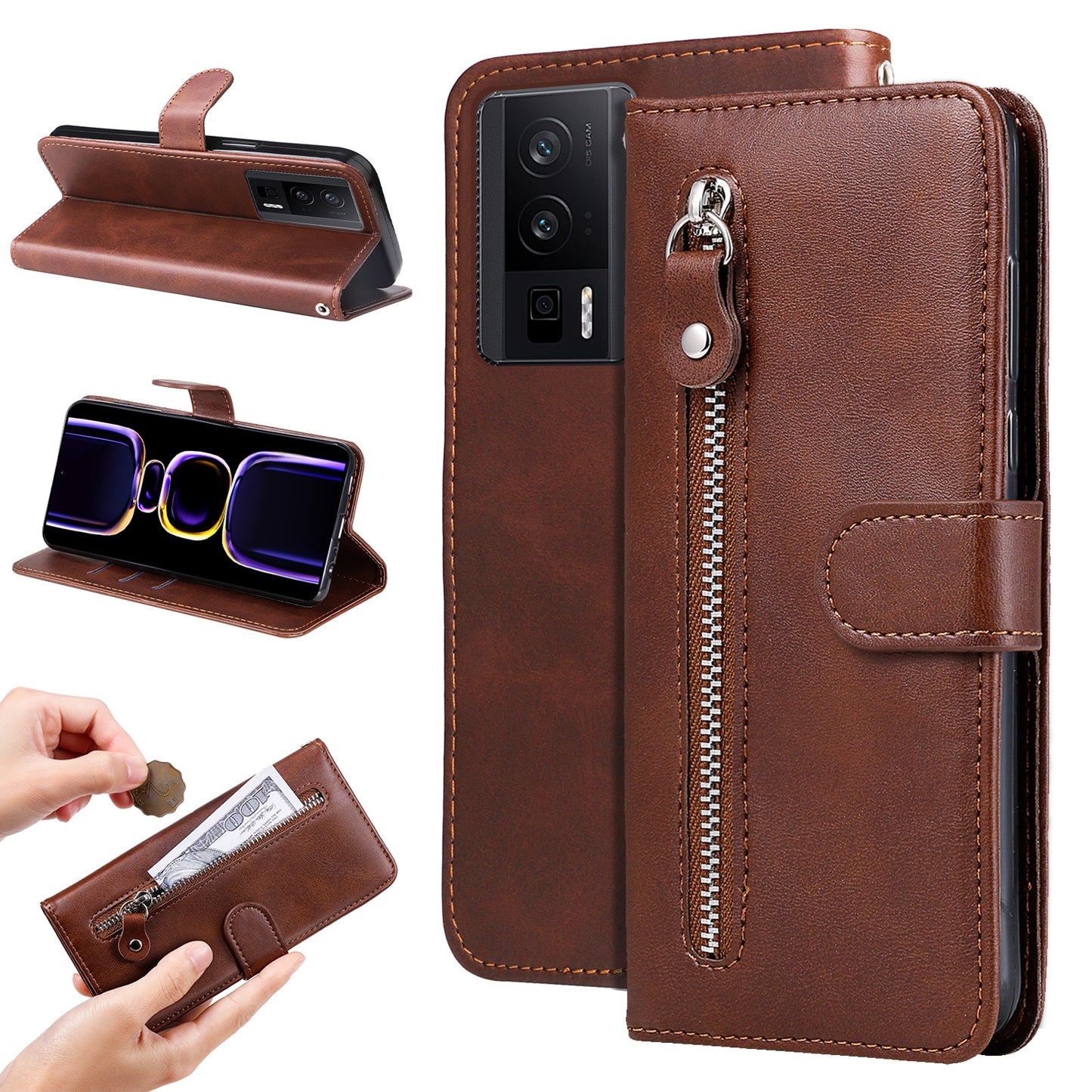 For Xiaomi Redmi K60 Pro 5G / K60 5G / Poco F5 Pro 5G Phone Case Stand Shell Calf Texture Zipper Pocket Wallet Cover