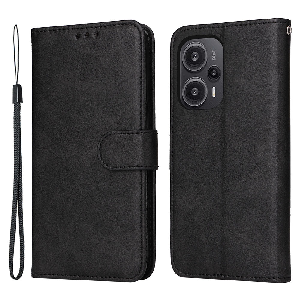 For Xiaomi Redmi Note 12 Turbo / Poco F5 5G PU Leather Wallet Cover Calf Texture Anti-scratch Stand Case with Strap