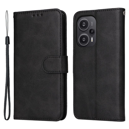 For Xiaomi Redmi Note 12 Turbo / Poco F5 5G PU Leather Wallet Cover Calf Texture Anti-scratch Stand Case with Strap