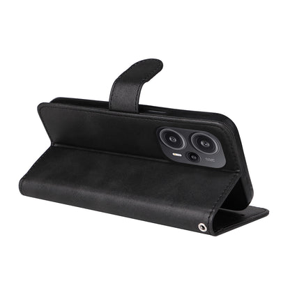 For Xiaomi Redmi Note 12 Turbo / Poco F5 5G PU Leather Wallet Cover Calf Texture Anti-scratch Stand Case with Strap