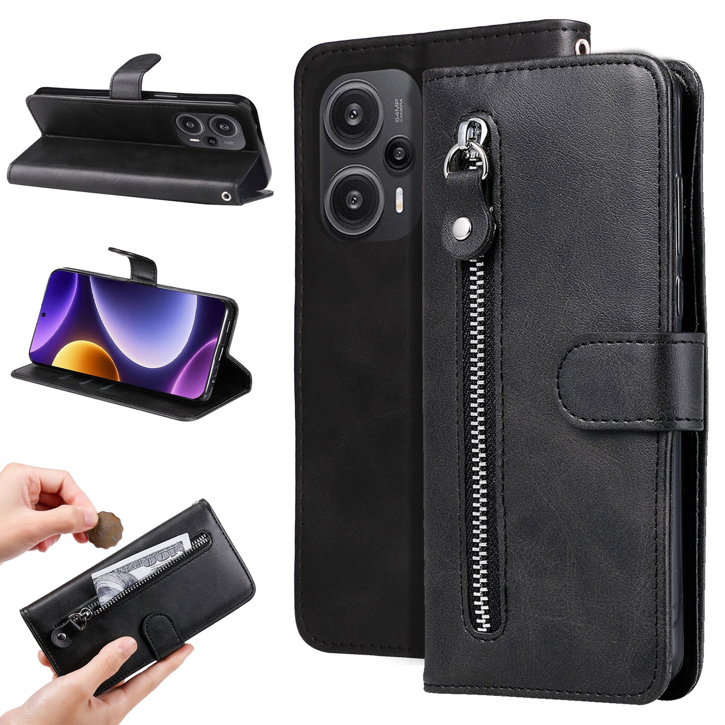 For Xiaomi Redmi Note 12 Turbo / Poco F5 5G Calf Texture Phone Case Stand Zipper Pocket Wallet Cover