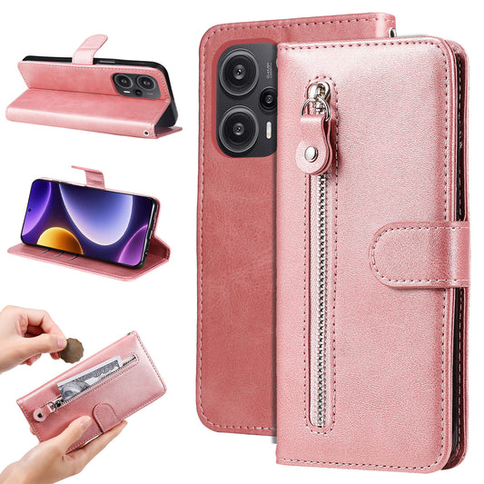 For Xiaomi Redmi Note 12 Turbo / Poco F5 5G Calf Texture Phone Case Stand Zipper Pocket Wallet Cover