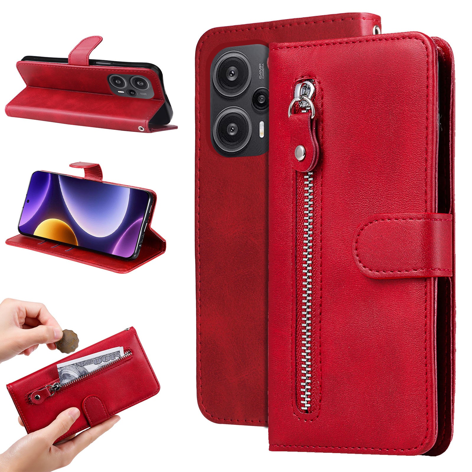 For Xiaomi Redmi Note 12 Turbo / Poco F5 5G Calf Texture Phone Case Stand Zipper Pocket Wallet Cover