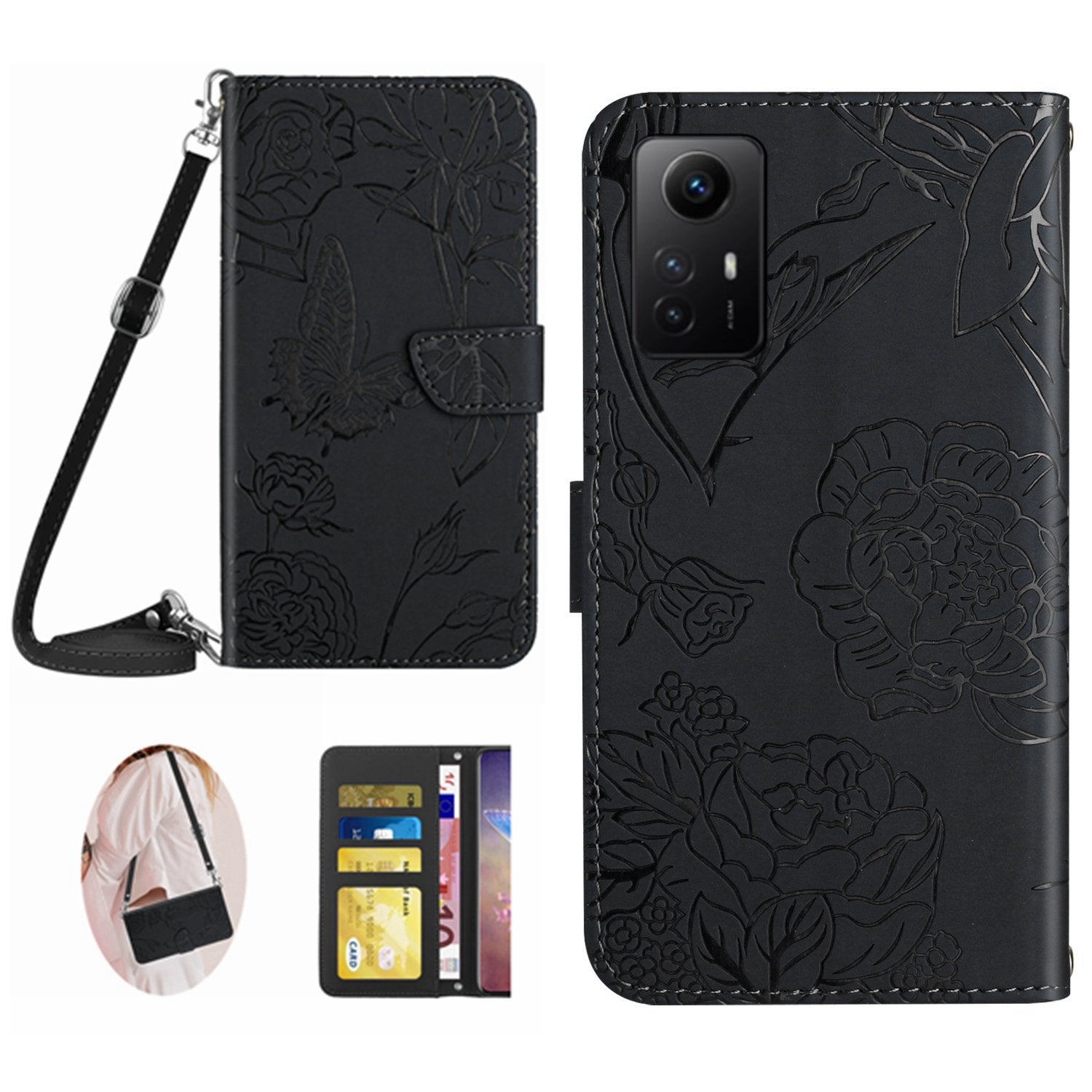 HT03 For Xiaomi Redmi Note 12S 4G Skin-Touch Feeling Wallet Leather Phone Cover Imprinted Design Cover with Shoulder Strap