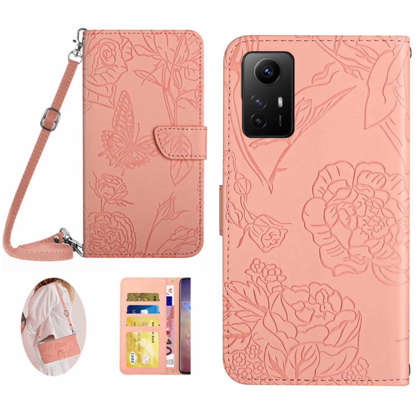 HT03 For Xiaomi Redmi Note 12S 4G Skin-Touch Feeling Wallet Leather Phone Cover Imprinted Design Cover with Shoulder Strap