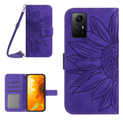 HT04 For Xiaomi Redmi Note 12S 4G Leather Stand Wallet Cover Sunflower Imprinted Phone Case with Shoulder Strap