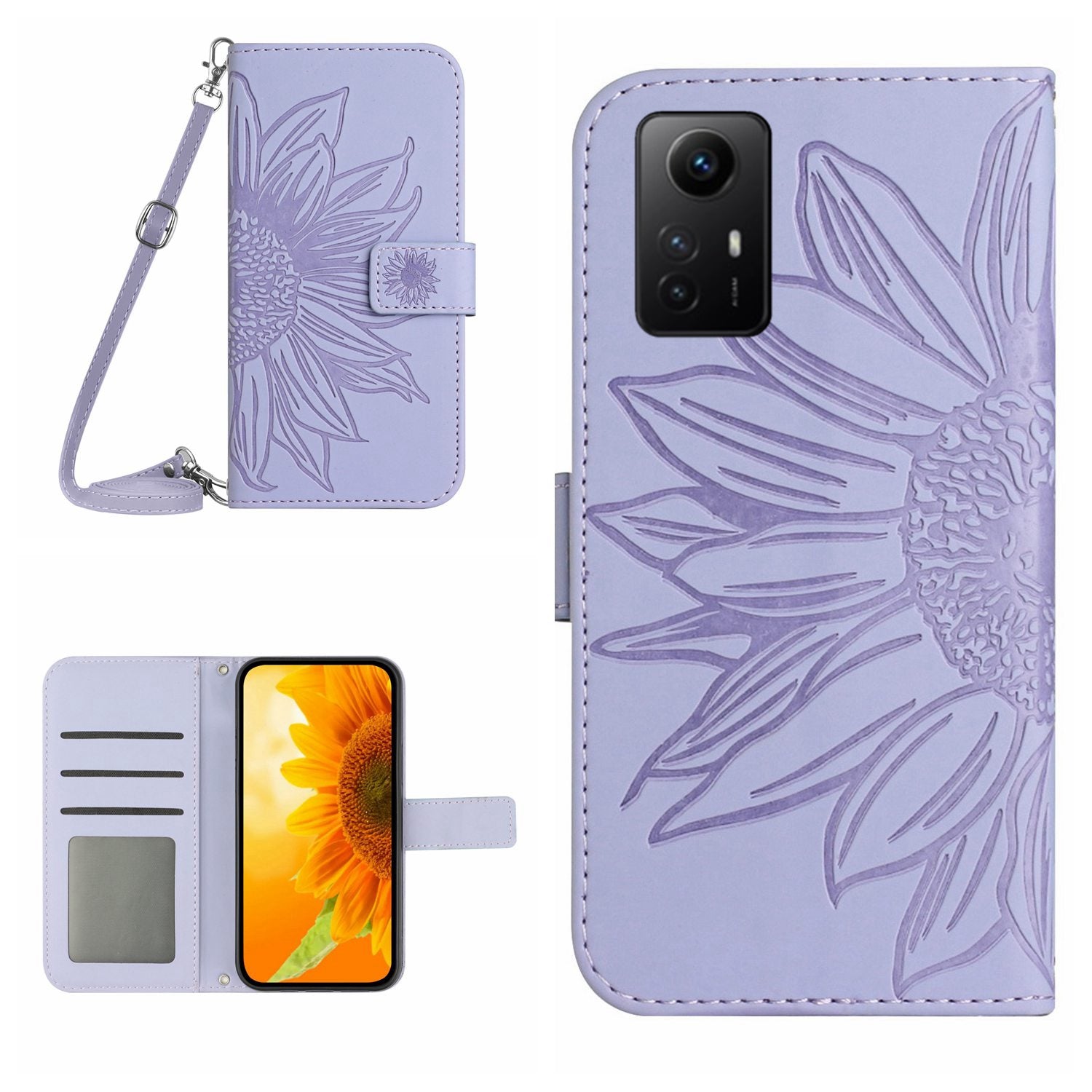 HT04 For Xiaomi Redmi Note 12S 4G Leather Stand Wallet Cover Sunflower Imprinted Phone Case with Shoulder Strap