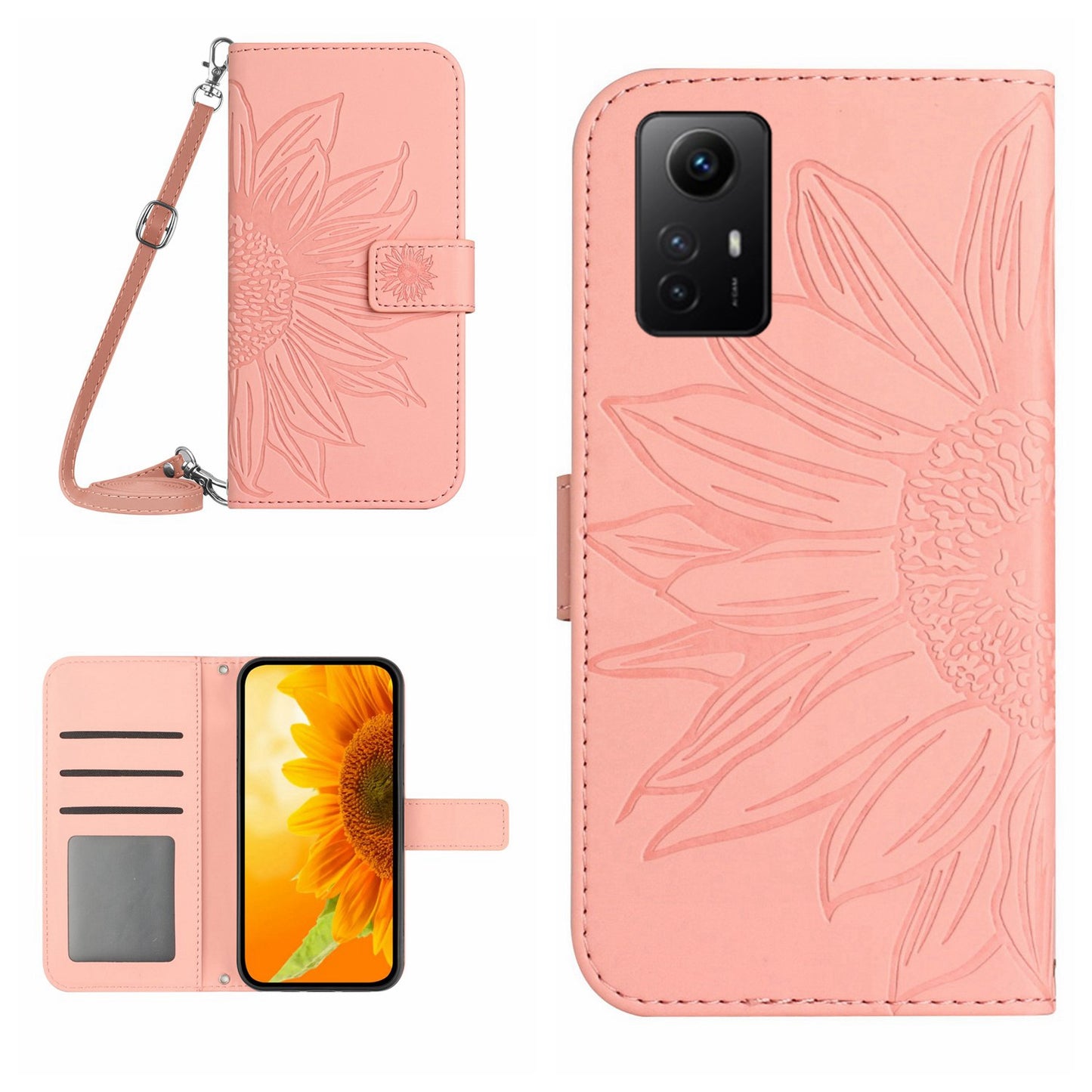 HT04 For Xiaomi Redmi Note 12S 4G Leather Stand Wallet Cover Sunflower Imprinted Phone Case with Shoulder Strap