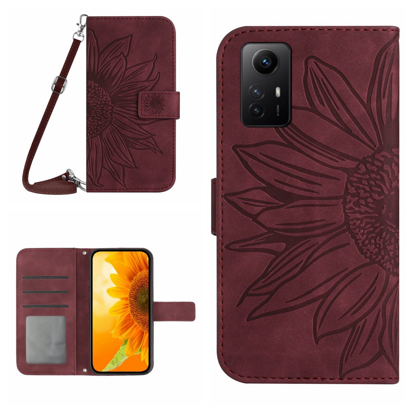 HT04 For Xiaomi Redmi Note 12S 4G Leather Stand Wallet Cover Sunflower Imprinted Phone Case with Shoulder Strap