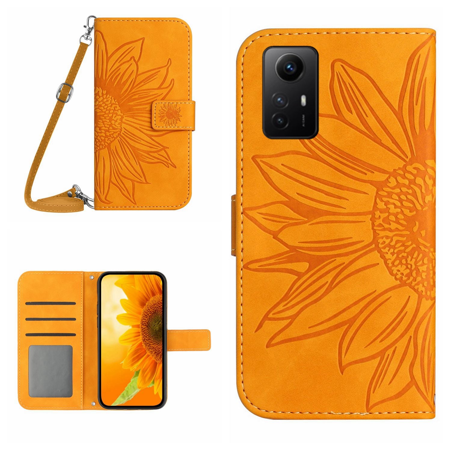HT04 For Xiaomi Redmi Note 12S 4G Leather Stand Wallet Cover Sunflower Imprinted Phone Case with Shoulder Strap