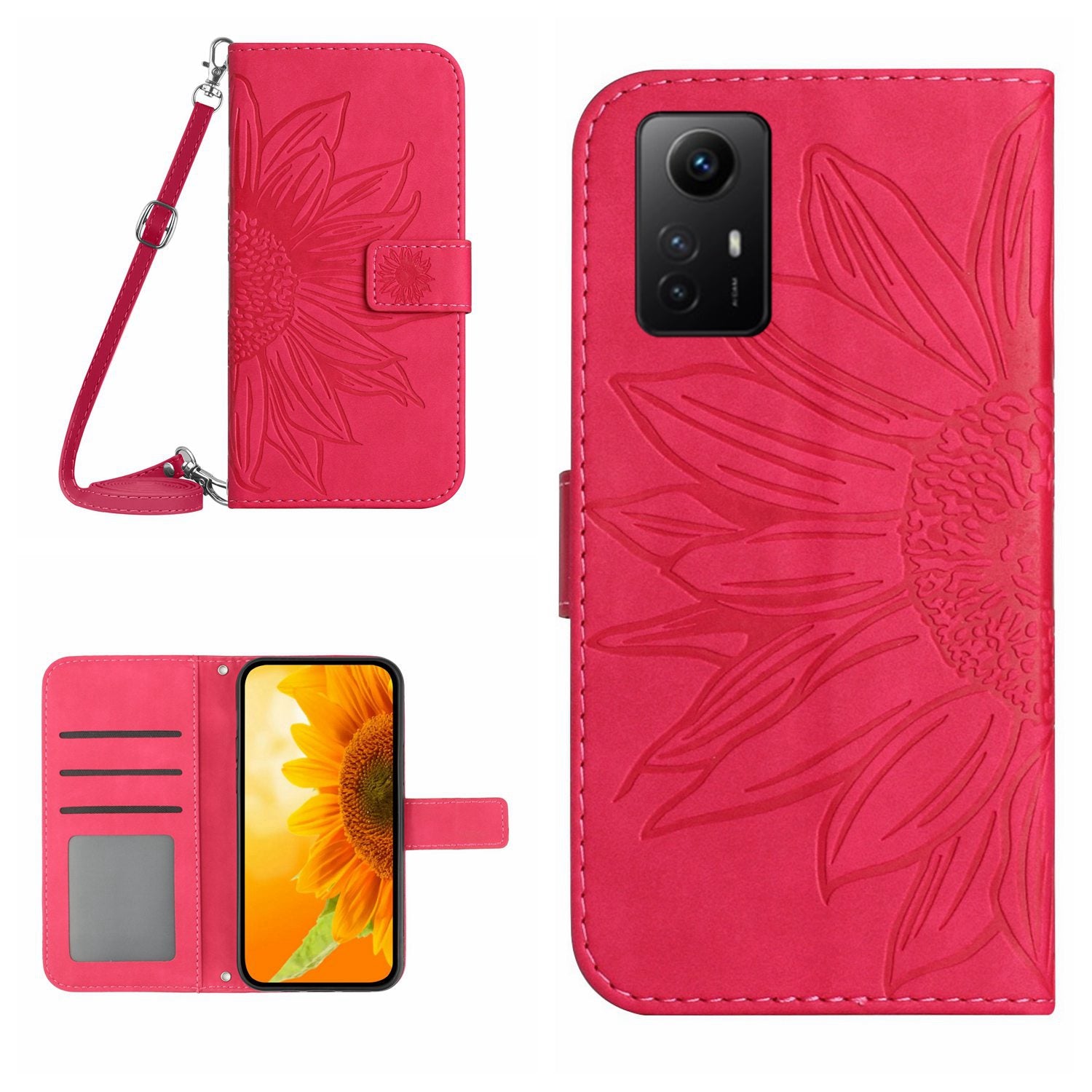 HT04 For Xiaomi Redmi Note 12S 4G Leather Stand Wallet Cover Sunflower Imprinted Phone Case with Shoulder Strap