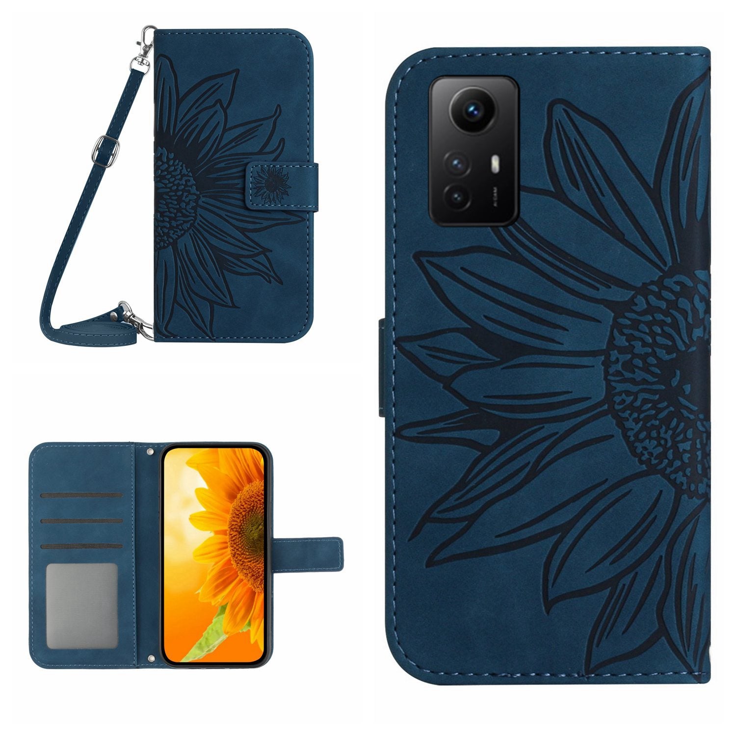 HT04 For Xiaomi Redmi Note 12S 4G Leather Stand Wallet Cover Sunflower Imprinted Phone Case with Shoulder Strap