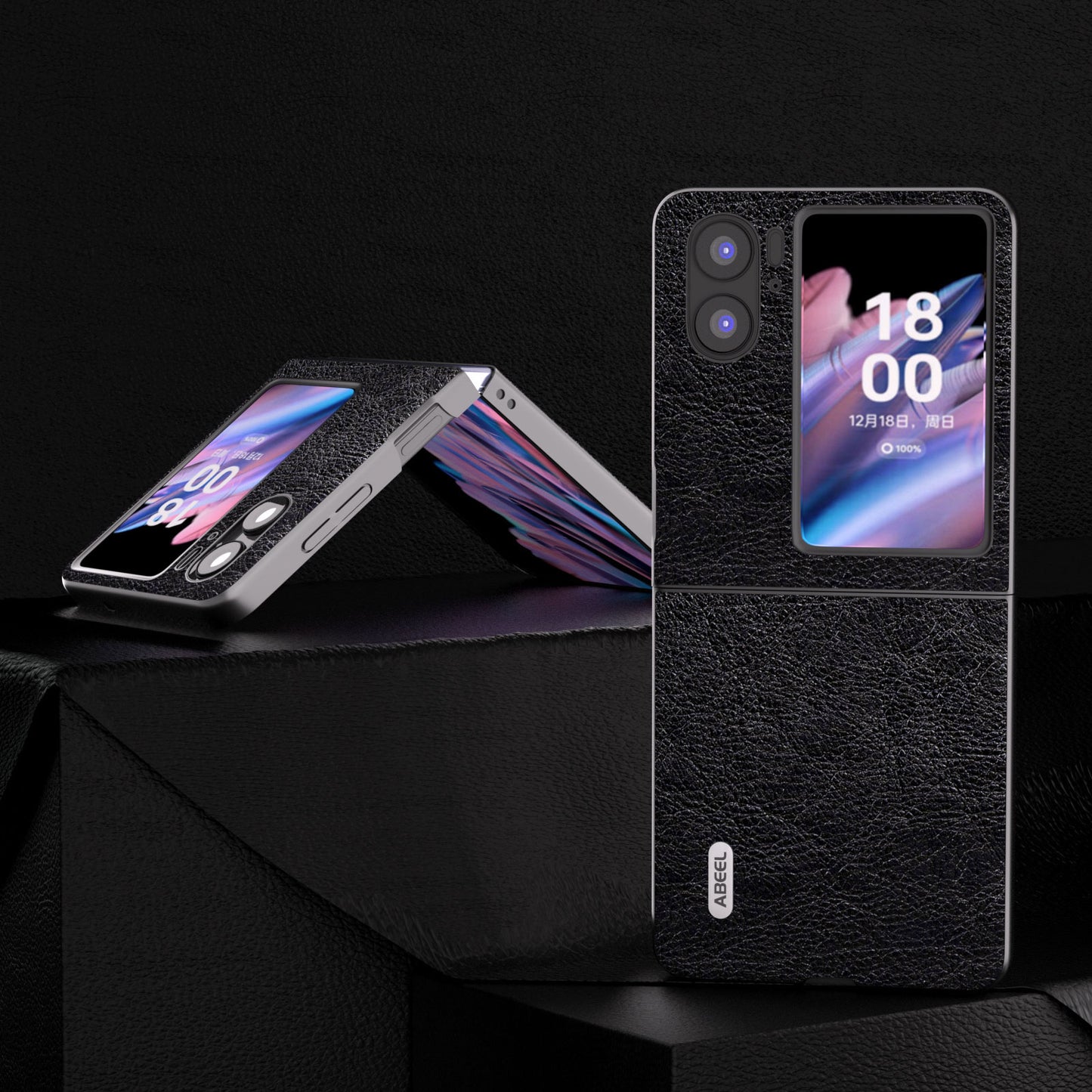 ABEEL For Oppo Find N2 Flip 5G Litchi Texture Protective Case PU Leather Coated PC Vintage Phone Cover