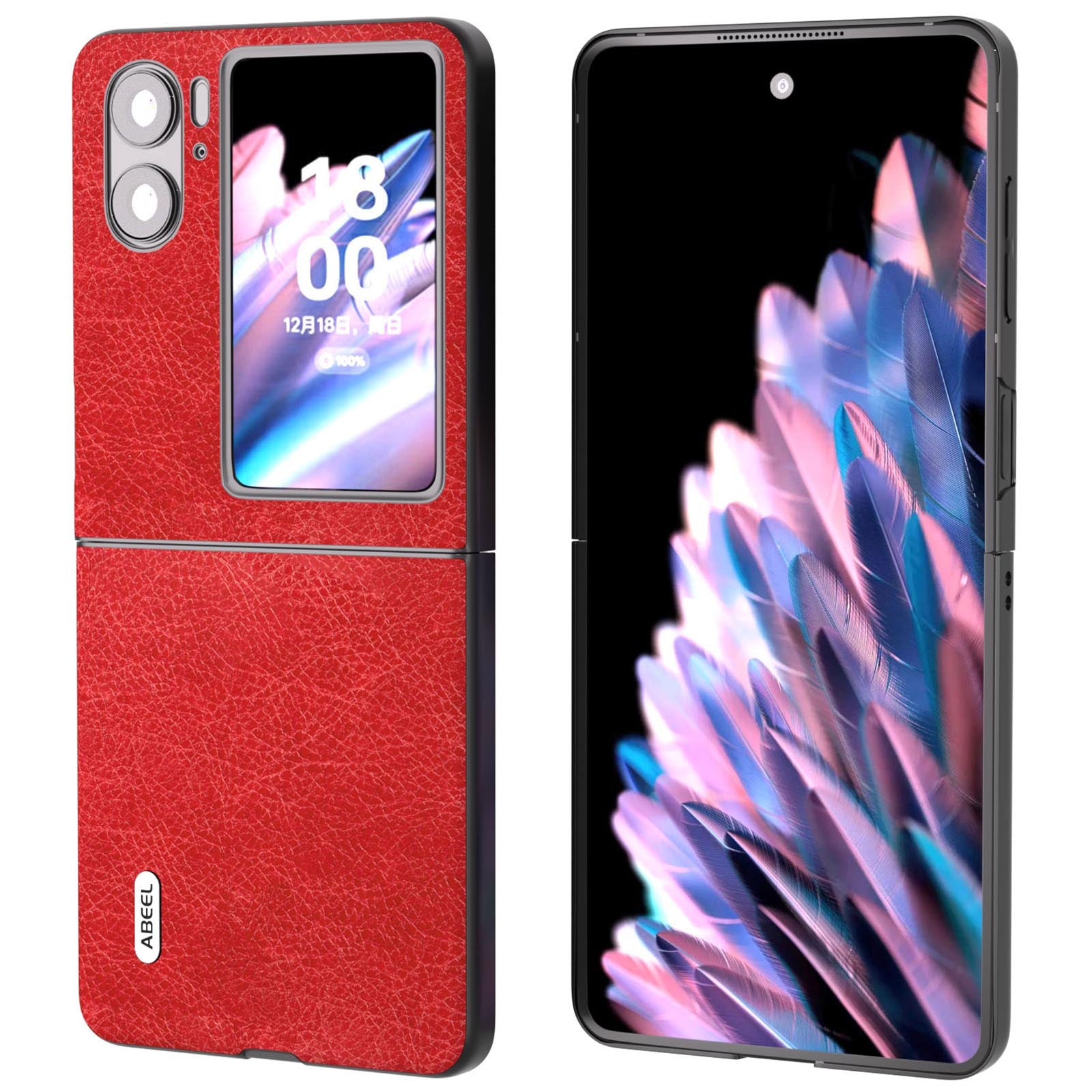 ABEEL For Oppo Find N2 Flip 5G Litchi Texture Protective Case PU Leather Coated PC Vintage Phone Cover