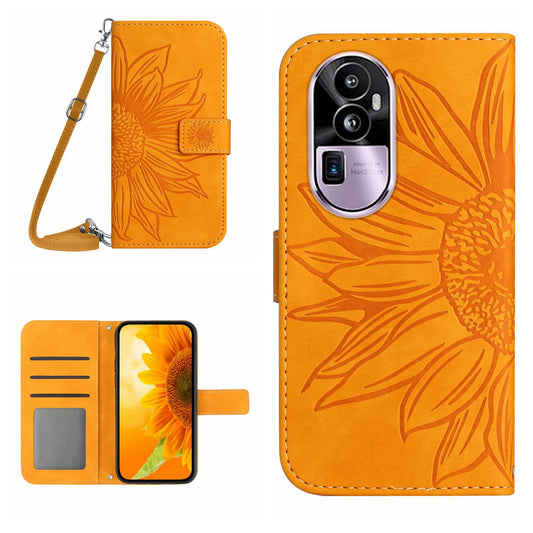 HT04 PU Leather Phone Case for Oppo Reno10 Pro+ 5G Sunflower Imprint Wallet Stand Cover with Shoulder Strap