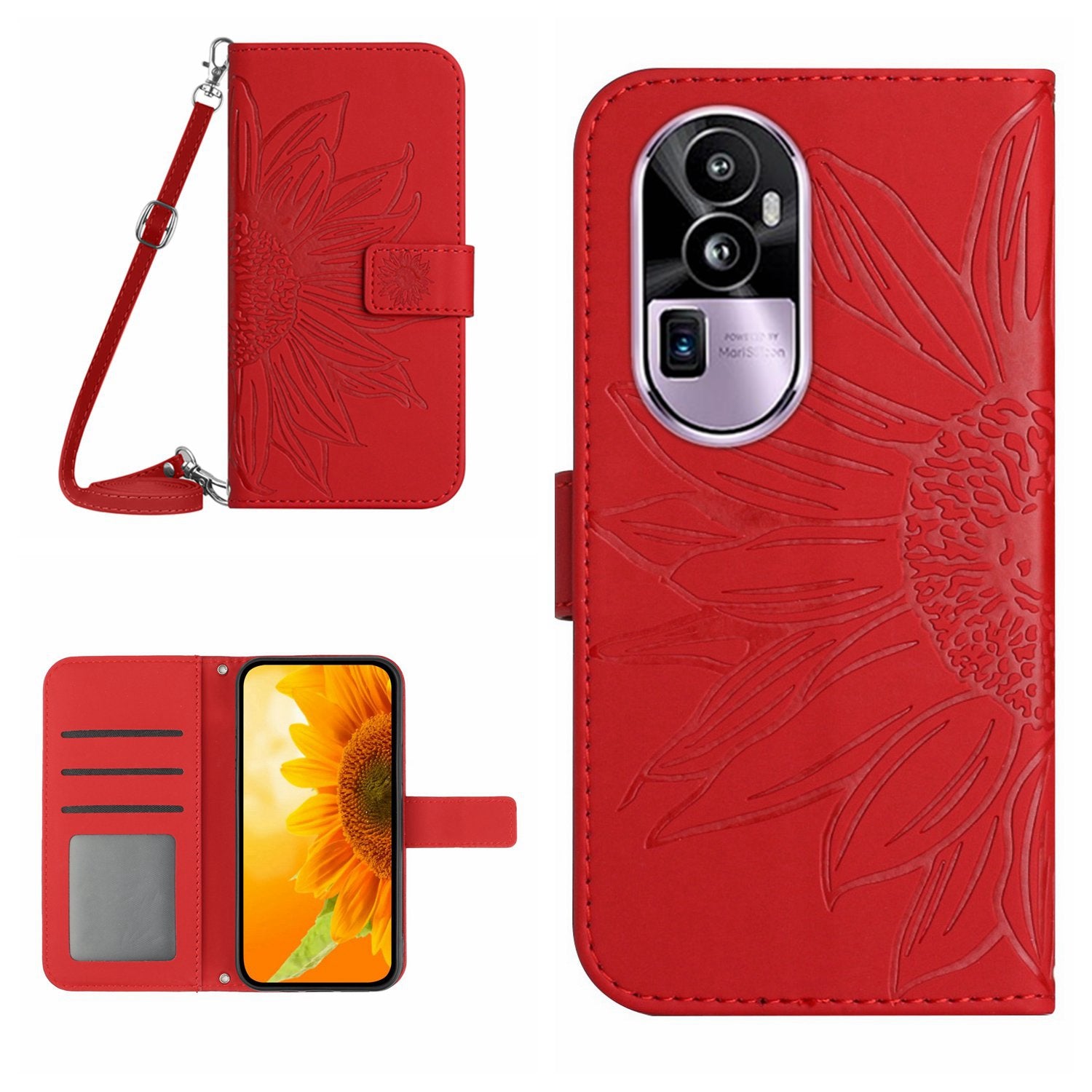 HT04 PU Leather Phone Case for Oppo Reno10 Pro+ 5G Sunflower Imprint Wallet Stand Cover with Shoulder Strap