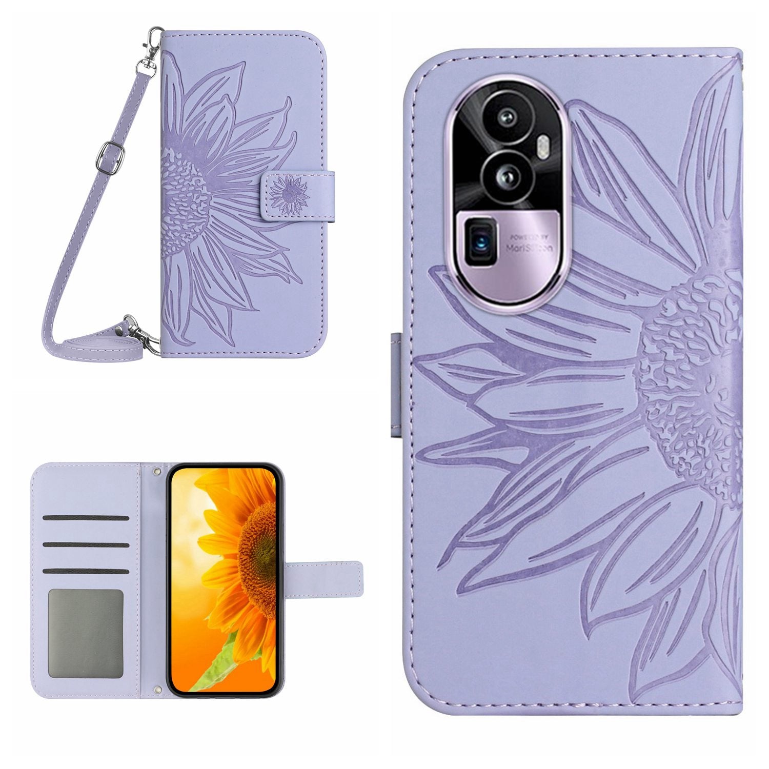 HT04 PU Leather Phone Case for Oppo Reno10 Pro+ 5G Sunflower Imprint Wallet Stand Cover with Shoulder Strap
