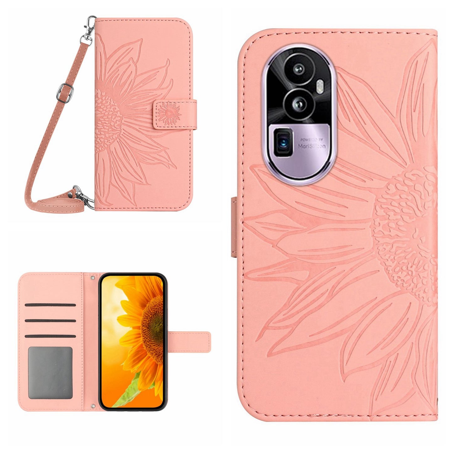 HT04 PU Leather Phone Case for Oppo Reno10 Pro+ 5G Sunflower Imprint Wallet Stand Cover with Shoulder Strap