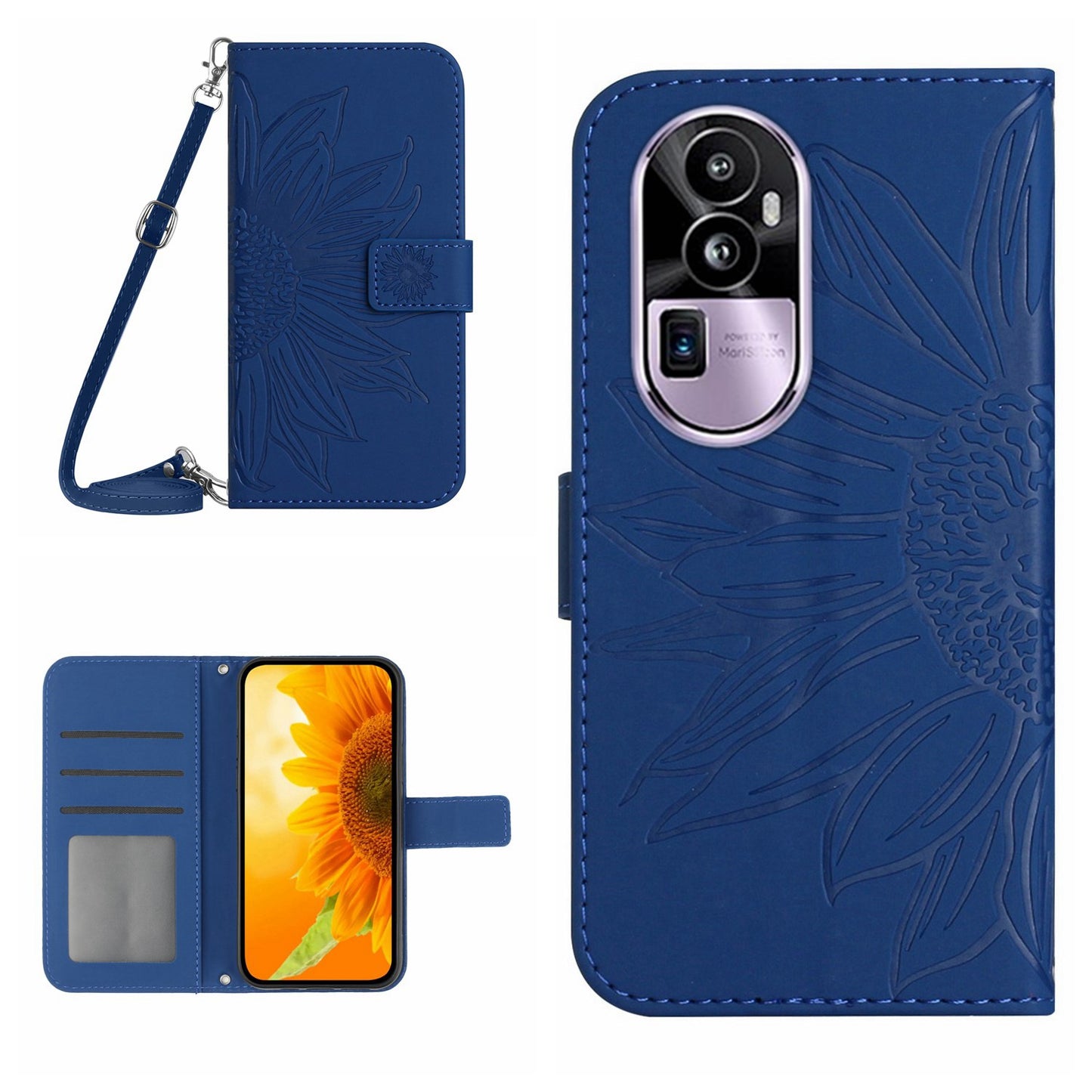 HT04 PU Leather Phone Case for Oppo Reno10 Pro+ 5G Sunflower Imprint Wallet Stand Cover with Shoulder Strap