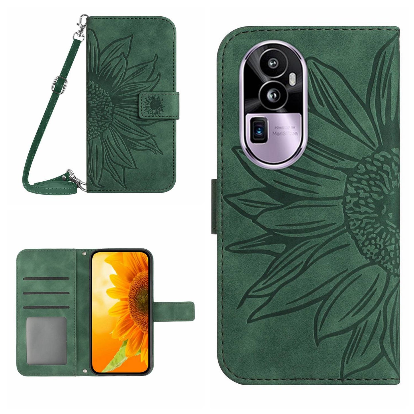 HT04 PU Leather Phone Case for Oppo Reno10 Pro+ 5G Sunflower Imprint Wallet Stand Cover with Shoulder Strap
